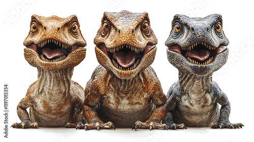 Three cartoonish dinosaurs with exaggerated features and expressions, set against a plain background, showcasing their playful nature photo