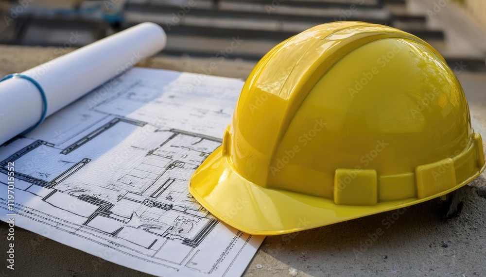 Blueprints on a yellow construction hat at a building site Blueprints on a yellow construction hat at a building site