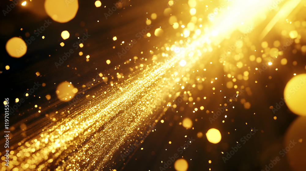 Obraz premium Dazzling golden glitter trail, sparkling bokeh lights, luxurious background perfect for celebrations, awards, or luxury product promotions.