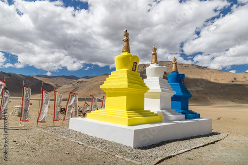 Buddhist stupas near debring in the himalayan mountains of ladakh, passing through the keylong-leh road, in Ladakh, India.