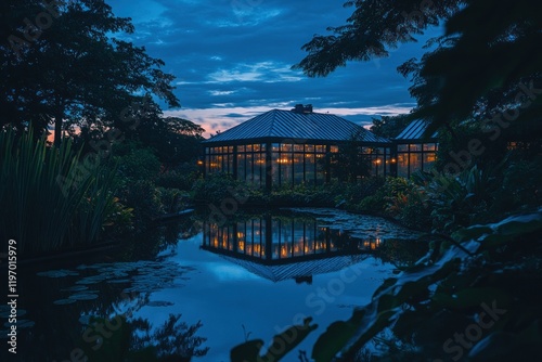 Tranquil Evening in a Botanical Garden with Glasshouse Reflections and Serene Water Surface Under a Beautiful Sunset Sky