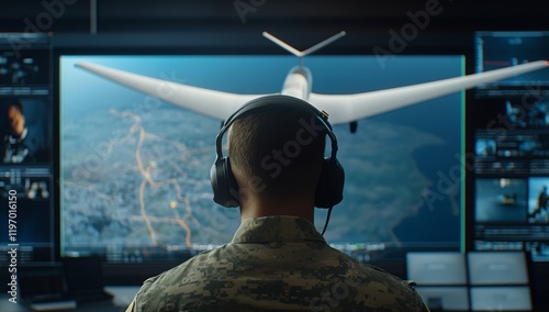 Military command center with large screens showing maps and drone footage
