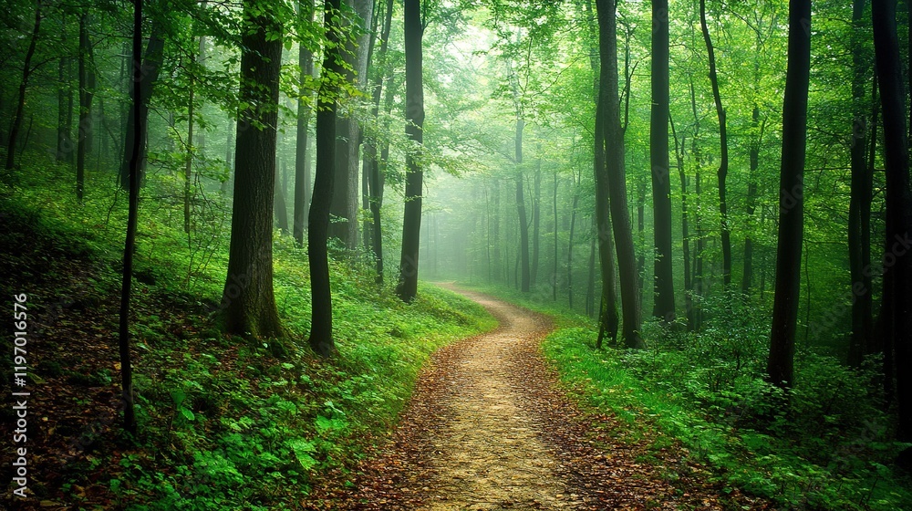 Obraz premium Winding Forest Path Through Lush Green Trees