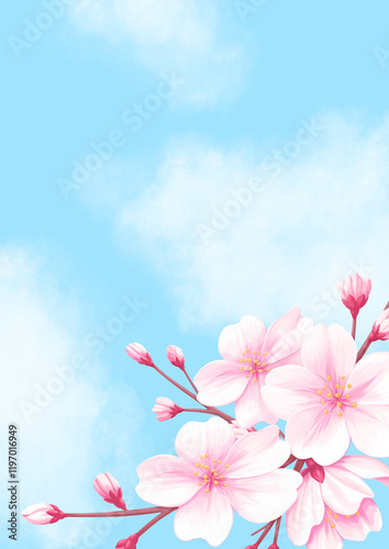 青空と桜の背景イラスト - 爽やかな春のデザイン