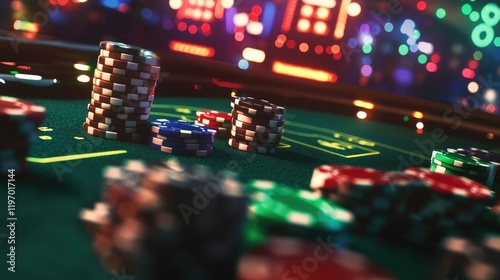 Stacks of poker chips on a casino table at night. photo