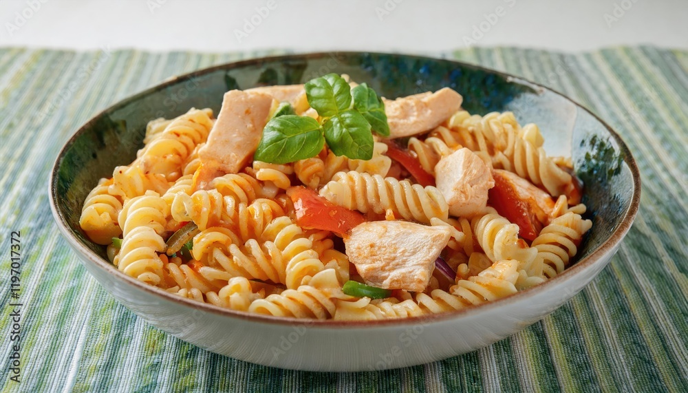 A bowl of chicken pasta salad with a tomato based sauce 