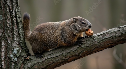 A groundhog climbing a tree branch, reaching for a delicious-looking nut, symbolizing resilience and resourcefulness. Groundhog Day, resilience, resourcefulness, nature, wildlife, survival, determinat photo