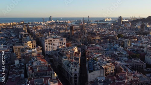 Wallpaper Mural Coastal architecture of Barcelona Spanish city. Aerial view at sunset Torontodigital.ca