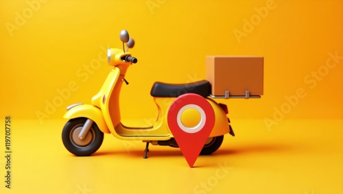 Bright Yellow Scooter with Delivery Box and Location Pin