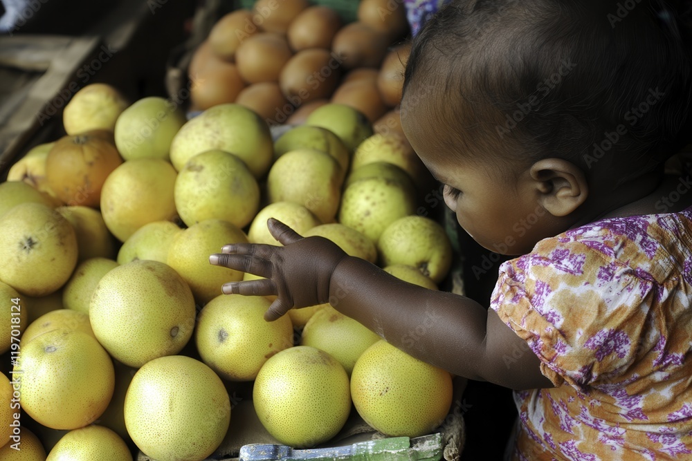 Fototapeta premium Child Reaches for Vibrant Fruits at Market Stall