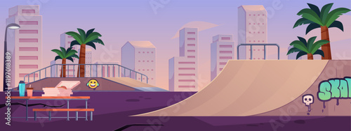 Vector illustration of urban skate park on sunset sky background.