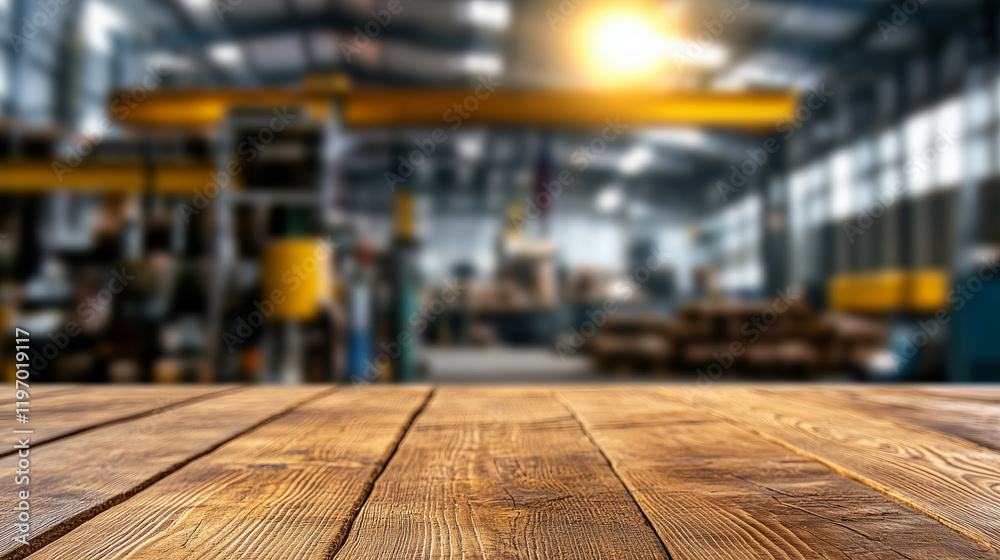 Wooden table surface in warehouse with blurred background lighting Wooden table surface in warehouse with blurred background lighting