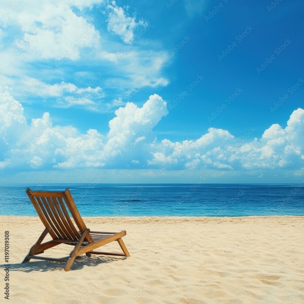 Cozy beach chair on sand overlooking calm ocean with fluffy clouds on a bright sunny day. Generative AI Cozy beach chair on sand overlooking calm ocean with fluffy clouds on a bright sunny day. Generative AI