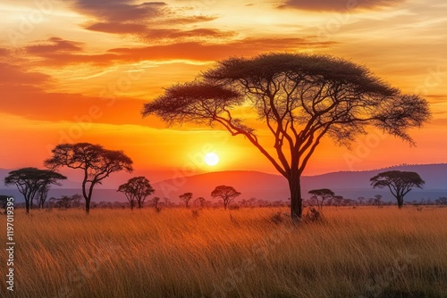 Beautiful African Sunset Over Vast Savannah Landscape with Silhouette of Acacia Trees and Soft Golden Sky, Perfect for Nature and Travel Photography Needs