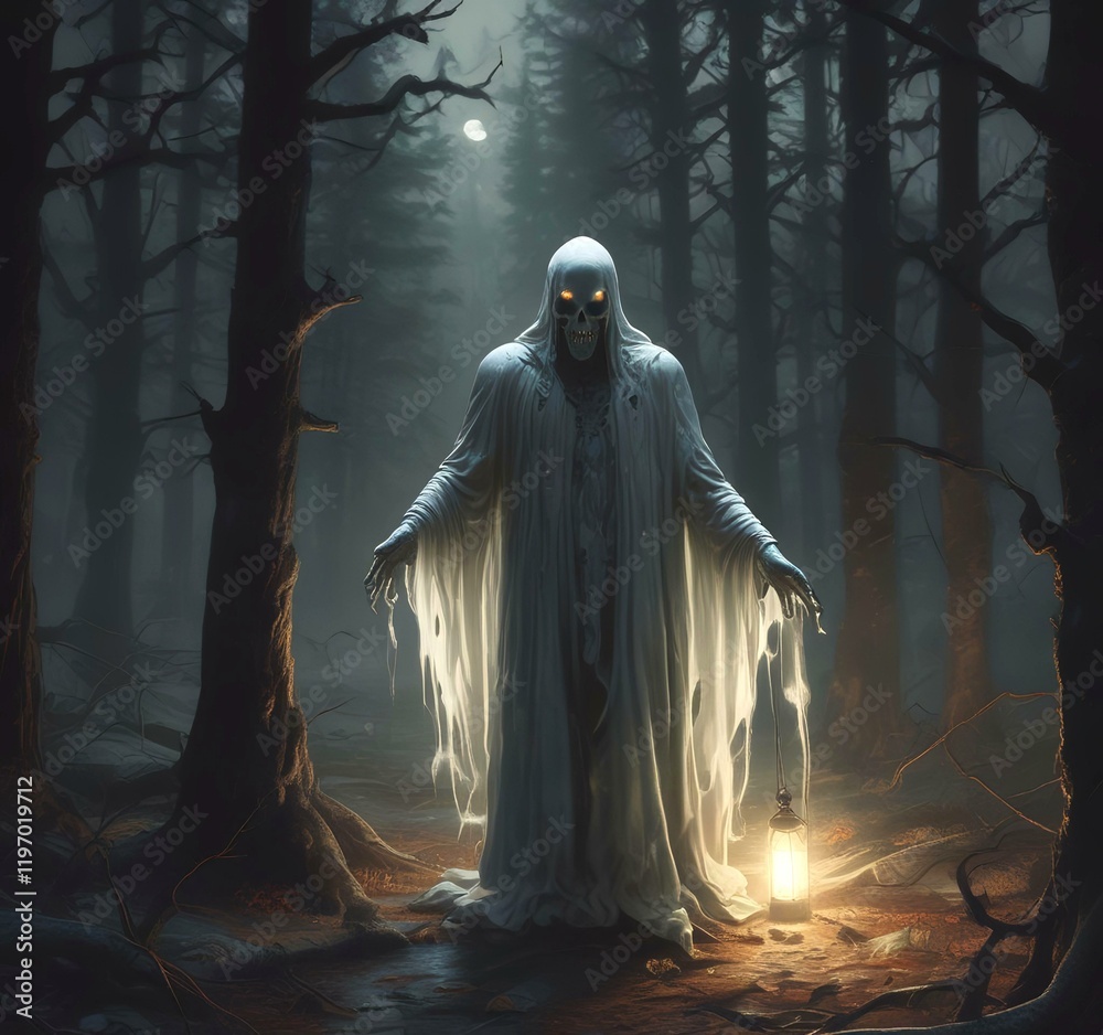 Illustration of glowing ghost in creepy forest. Illustration of glowing ghost in creepy forest.