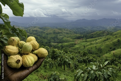 Group Holding Cashew Fruits in Lush Landscape