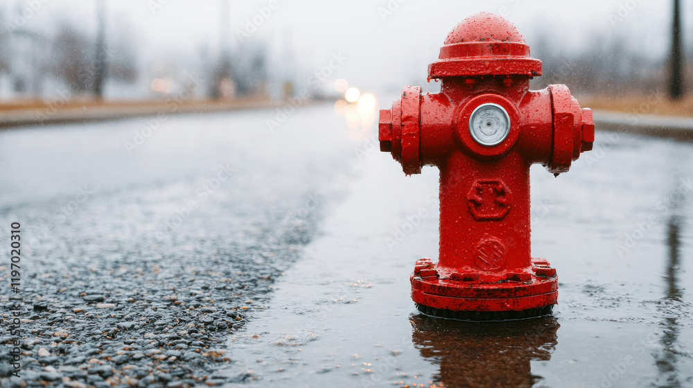 red fire hydrant stands on wet asphalt road surrounded by water puddles, reflecting rainy day atmosphere with blurred background elements red fire hydrant stands on wet asphalt road surrounded by water puddles, reflecting rainy day atmosphere with blurred background elements