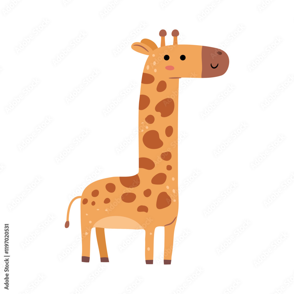 African wildlife animal with long neck and spotted coat fur. Vector cute giraffe standing and smiling. Isolated cartoon character from reserve or zoo park. Toy for children, biodiversity of Africa African wildlife animal with long neck and spotted coat fur. Vector cute giraffe standing and smiling. Isolated cartoon character from reserve or zoo park. Toy for children, biodiversity of Africa