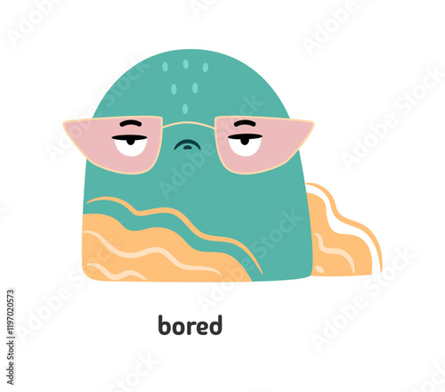 Bored facial emotion of abstract shape cartoon character wearing glasses. Vector isolated geometric figure personage or mascot with sad or indifferent face. Sticker or for media