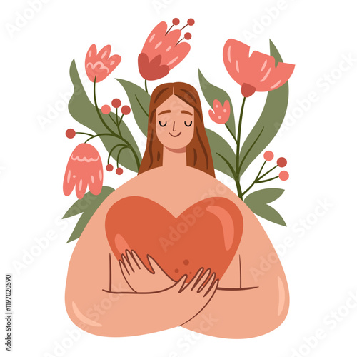 Female character embracing heart, isolated woman day celebration. Vector flowers decoration and adornment, equality and empowerment, diversity and rights. Feminism and social solidarity photo