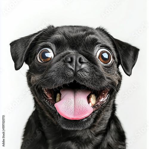 Funny black pug with tongue out and happy silly expression on white background

