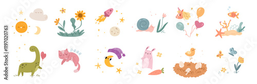 Baby cards decoration. Vector in flat style, isolated set of positive personages, nature and cosmic theme. Aquatic and galaxy, dinosaur and moon, rabbit with carrot and bird with nest and eggs