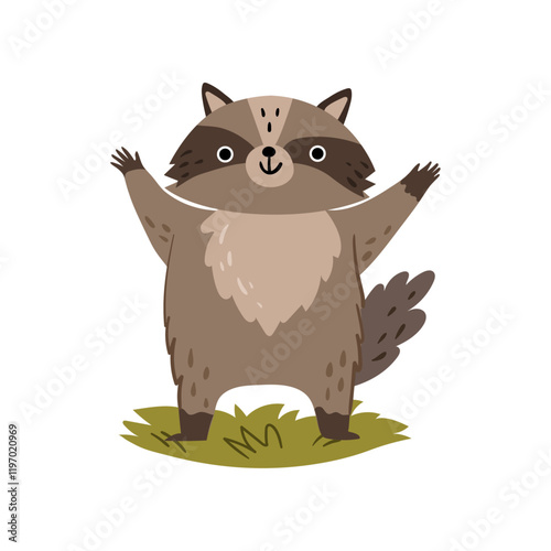 Raccoon or racoon animal, forest habitat on grass. Vector illustration of wild coon with paws up, funny forest raccoon. Cheerful humor pet for kids or children, home pet