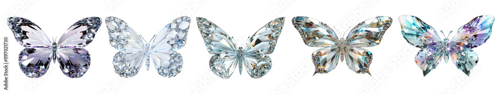 PNG Crystalline butterflies in elegant formation set, isolated on transparent background PNG Crystalline butterflies in elegant formation set, isolated on transparent background