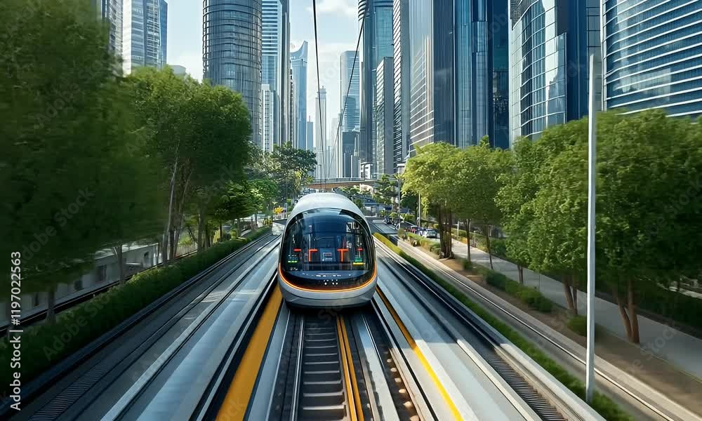 Futuristic train city transport eco-friendly skyscrapers