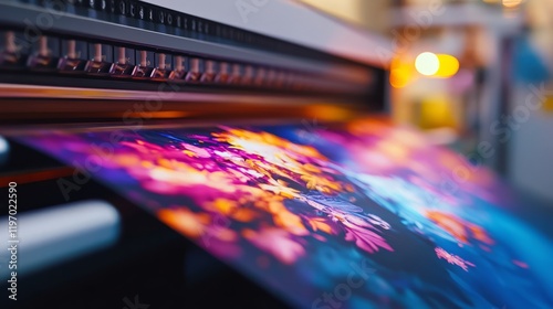 Wallpaper Mural A printing process captures a colorful design emerging from a printer in a busy creative workshop. The vibrant colors and intricate patterns showcase artistic craftsmanship Torontodigital.ca