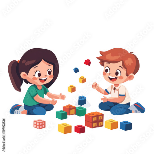 Children Playing with Colorful Building Blocks