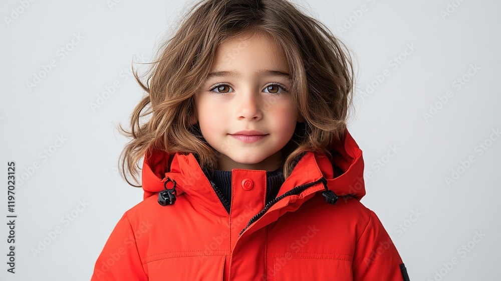 A young child with wavy hair wearing a bright red winter coat against a neutral background. A young child with wavy hair wearing a bright red winter coat against a neutral background.
