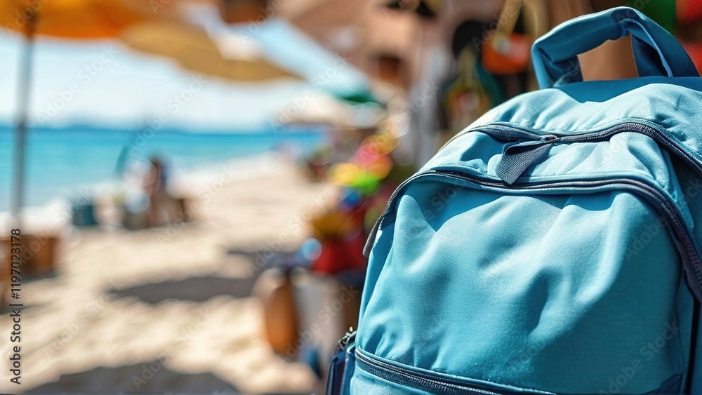 Obraz premium A vibrant beach scene featuring a blue backpack in the foreground with sunbathers and umbrellas in the background