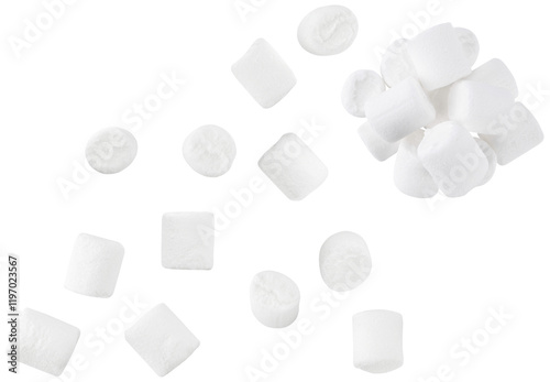 Scattered pile white mini marshmallows isolated on a transparent background. Completely in focus. Top view. photo