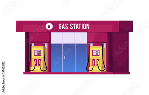 Vector of a service station with a glass shop, gasoline and diesel fuel pumps