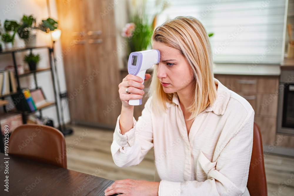 Woman checks her temperature with a device while sitting indoors Woman checks her temperature with a device while sitting indoors