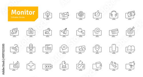 Monitor Line Icons Set. Email, Finance, Marketing, StartUp, Music, Health, Games, Fingerprint, Document Icons Editable Stroke Vector Illustration

