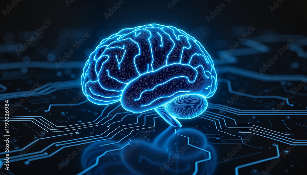 Digital brain with circuits glowing in high-tech lab at night, AI complexity Digital brain with circuits glowing in high-tech lab at night, AI complexity