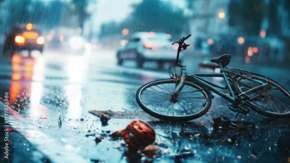 A bicycle lies on the wet street amidst raindrops and debris, while cars pass by in the blurred background. The atmosphere is gloomy and somber due to the rainfall