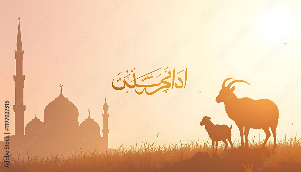 Fototapeta premium Eid Al Adha Mubarak . Creative ads for social media , banner, poster, greeting card. 3D illustration. Sunset Silhouette of Mosque and Goats