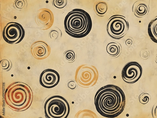 A repeating pattern of hand-drawn spirals and dots on torn vintage paper