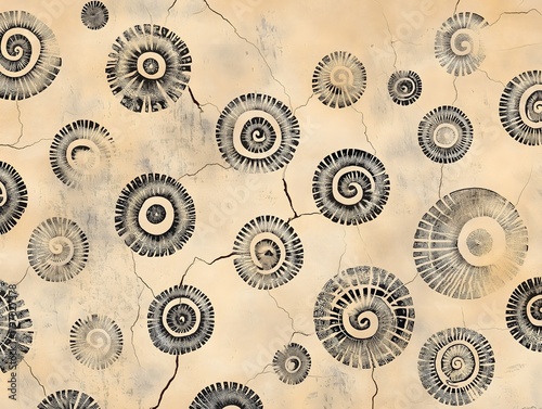 A repeating pattern of hand-drawn spirals and dots on torn vintage paper