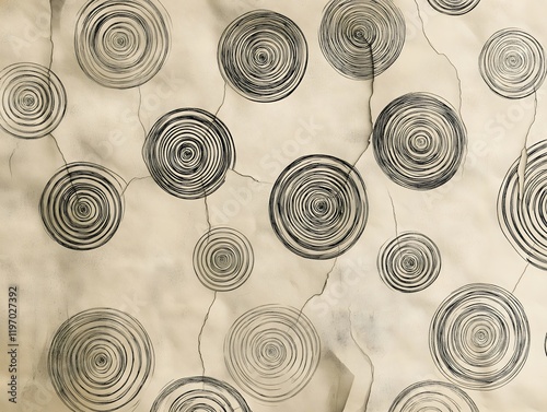 A repeating pattern of hand-drawn spirals and dots on torn vintage paper