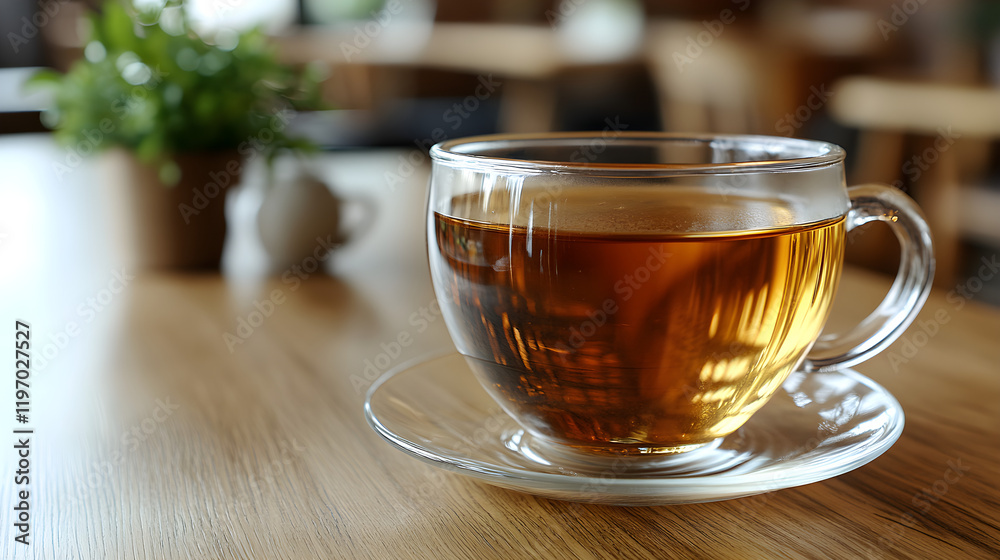 A cup of tea on a wooden table with a saucer and aromatic steam rising A cup of tea on a wooden table with a saucer and aromatic steam rising