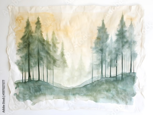 A watercolor-inspired forest motif on wrinkled handmade paper with deckle edges