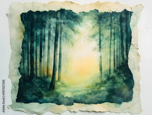 A watercolor-inspired forest motif on wrinkled handmade paper with deckle edges