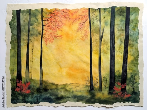 A watercolor-inspired forest motif on wrinkled handmade paper with deckle edges