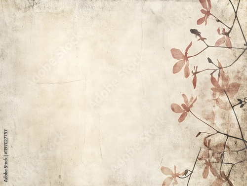 A weathered vintage paper pattern with soft beige tones, deckle edges, and faint tea stains, featuring subtle floral overlays