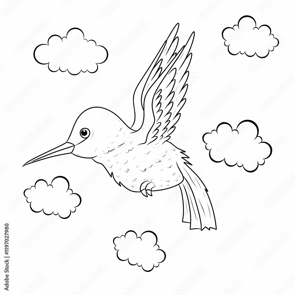 Hand-Drawn Hummingbird Flying Among Clouds Hand-Drawn Hummingbird Flying Among Clouds