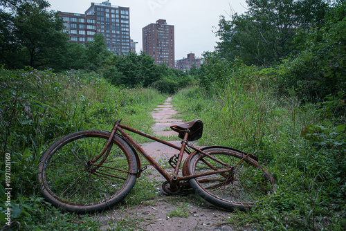 Rusty Bicycle Abandoned in Overgrown Park photo